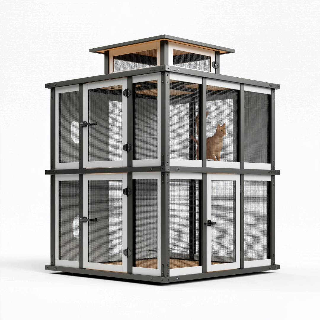 Enclos extérieur pour chat 120 x 120 x 210 cm en métal noir et bois avec grillage et toit