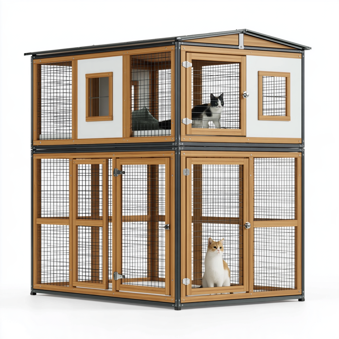 Enclos pour chats 180 x 90 x 180 cm en bois métal brun blanc à deux niveaux pour extérieur