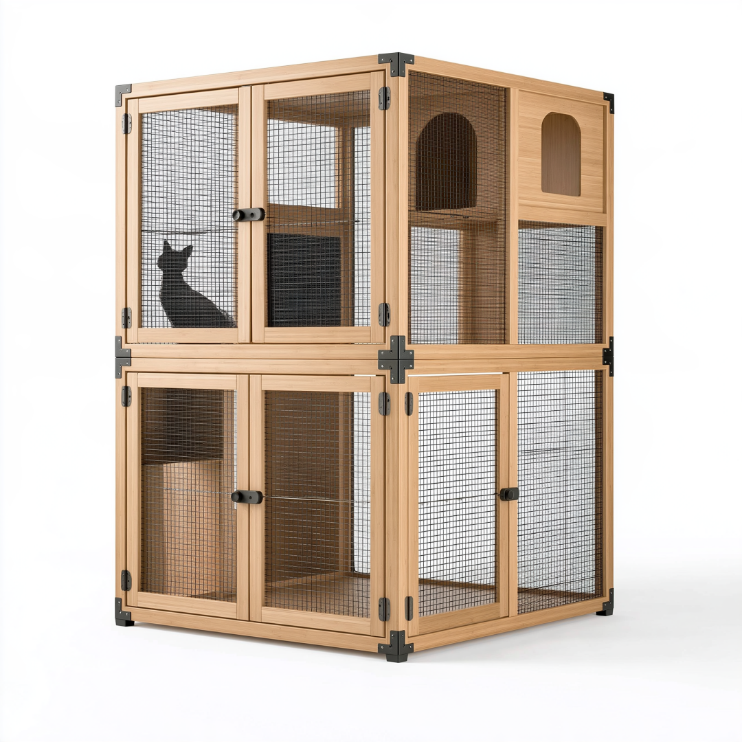 Enclos pour chat 110 x 60 x 150 cm en bois naturel et métal noir à deux niveaux avec portes grillagées