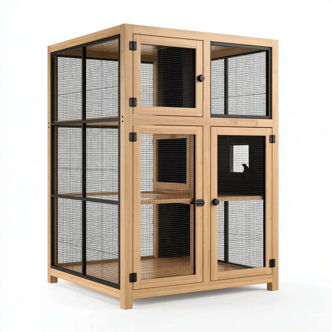Enclos pour chat 120 x 60 x 180 cm en bois naturel et métal noir avec portes grillagées