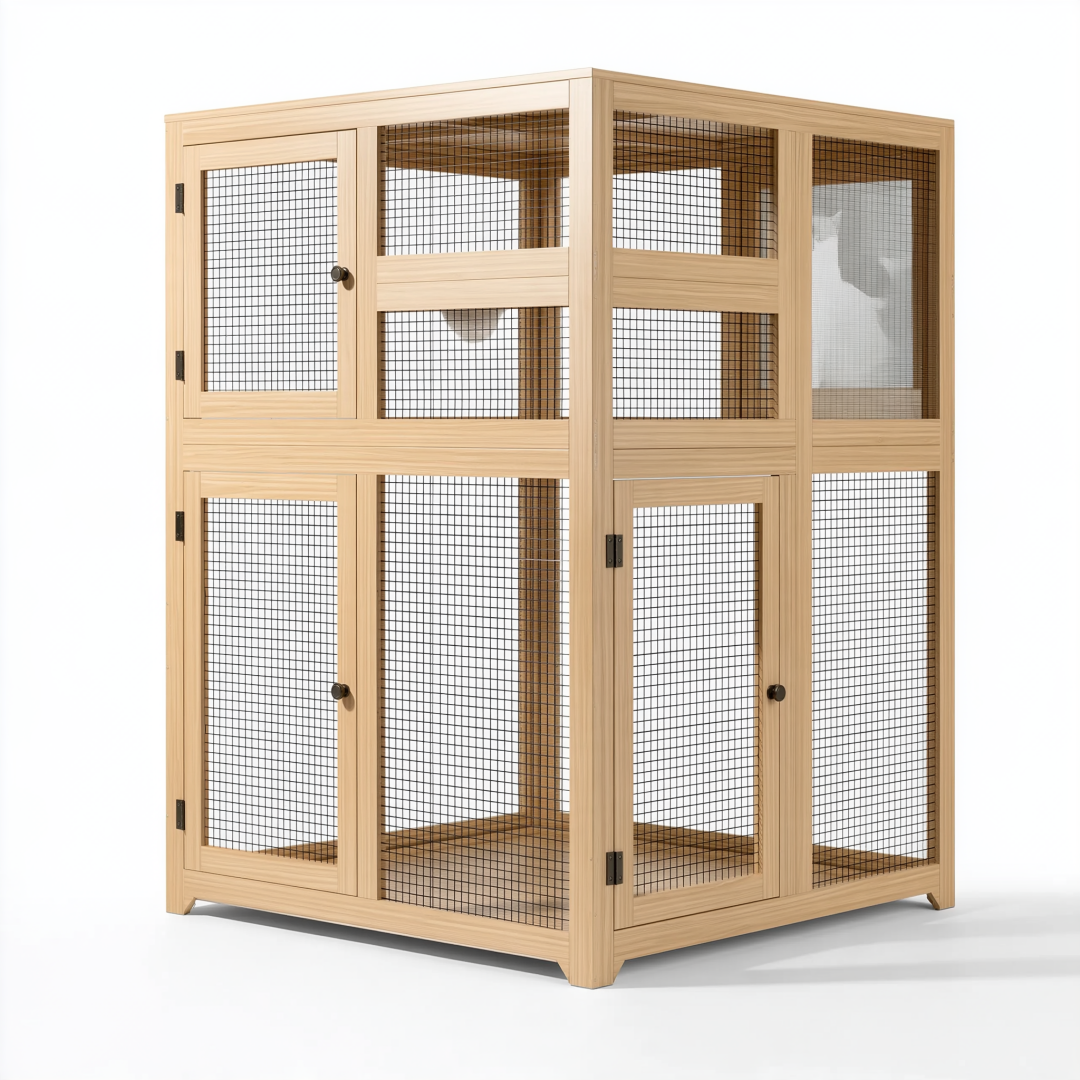Cage pour chat 120 x 60 x 150 cm en bois naturel avec grillage - intérieure à portes