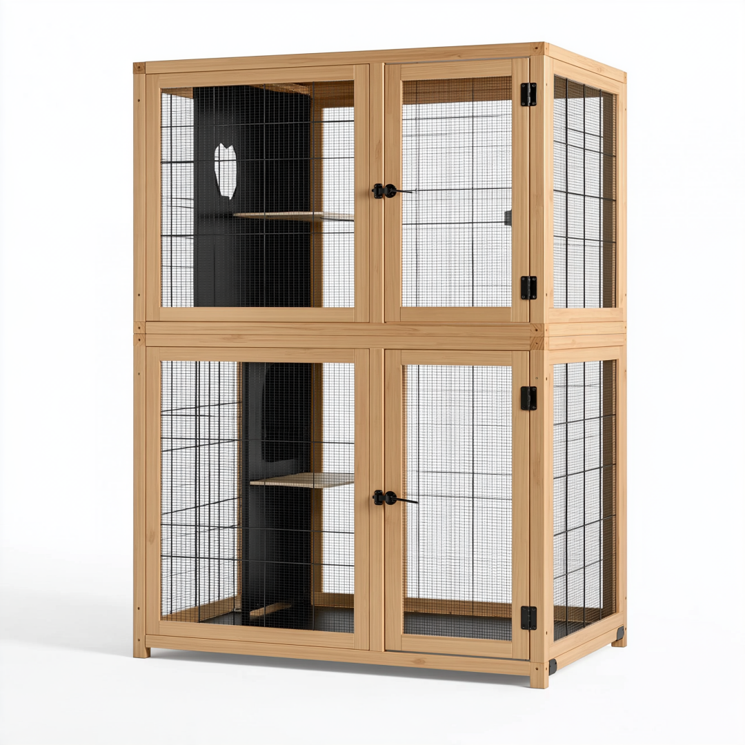 Enclos pour chat 120 x 60 x 180 cm en bois naturel et grillage noir à deux niveaux