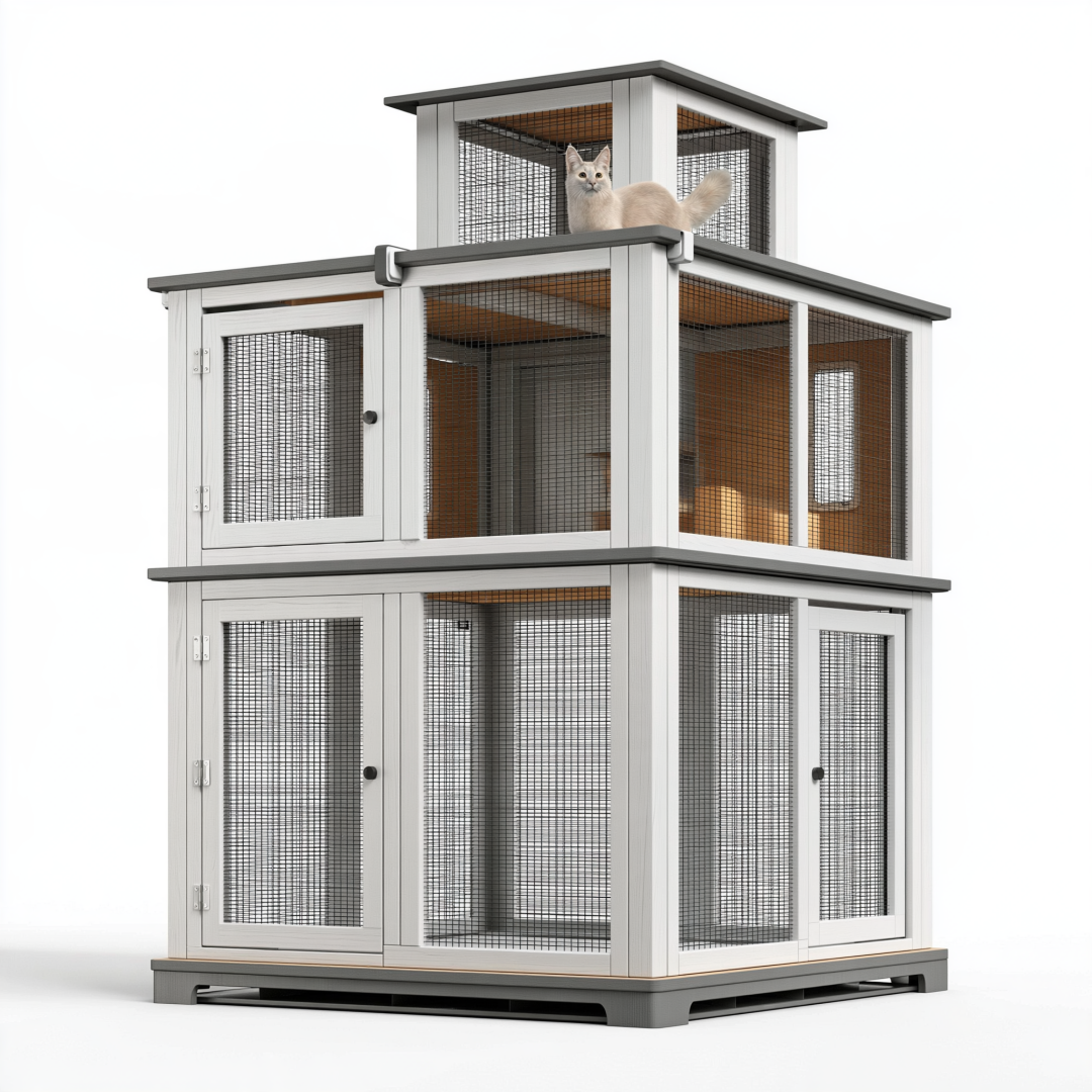 Enclos pour chat 120 x 80 x 190 cm en bois gris avec grillage métallique à niveaux