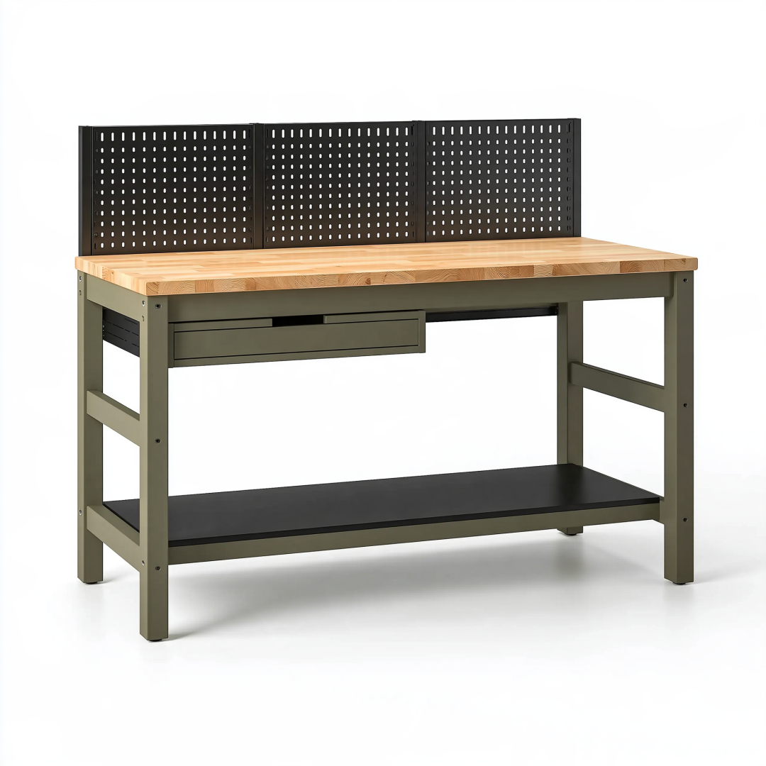 Établi 120 x 60 x 150 cm en bois et acier vert avec panneau perforé et tiroir