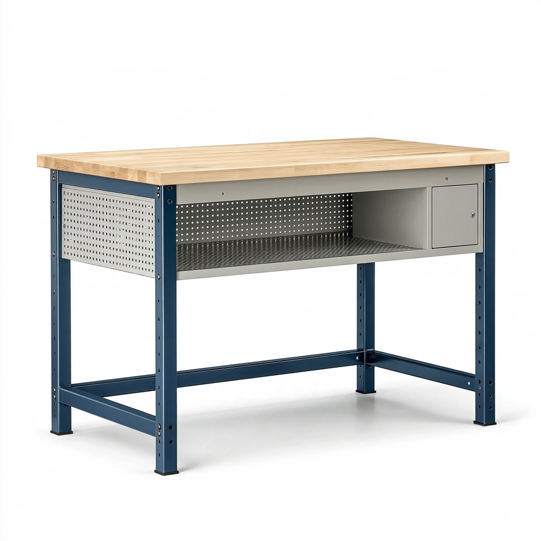 Établi 120 x 60 x 90 cm en acier et bois naturel bleu avec rangement style industriel