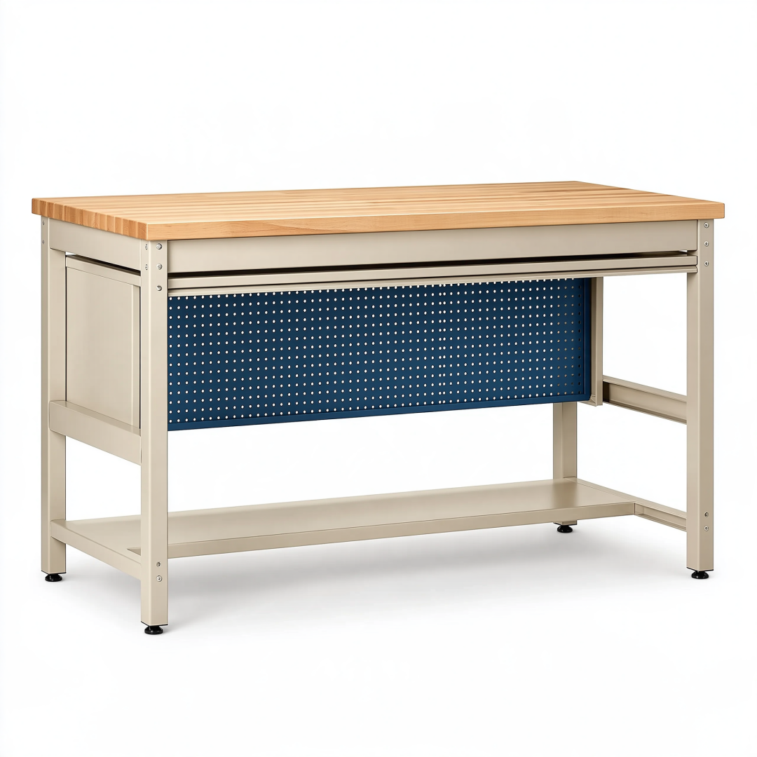 Établi 120 x 60 x 90 cm en métal beige et bois avec panneau perforé