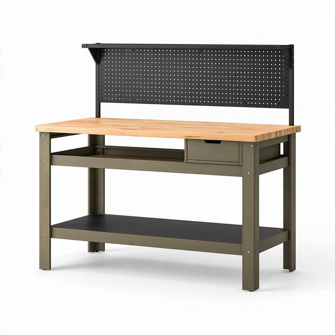 Établi d'atelier 120 x 60 x 150 cm en bois naturel et métal vert olive avec panneau perforé et rangement