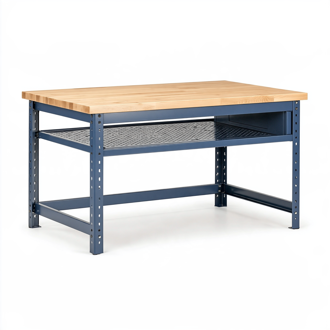 Établi 120 x 60 x 90 cm en bois et acier bleu avec tablette perforée style industriel