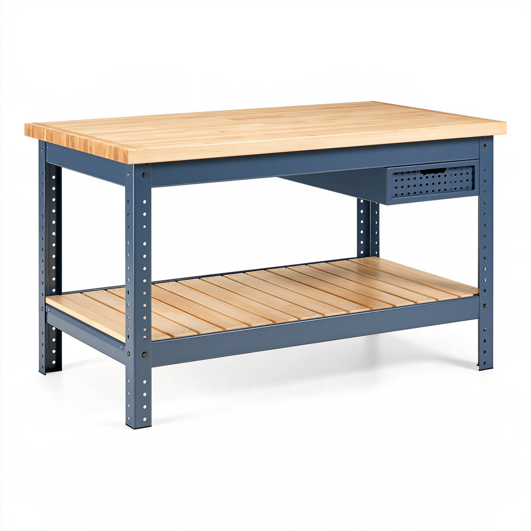 Établi d'atelier 120 x 60 x 90 cm en bois et acier bleu avec tiroir et tablette de rangement