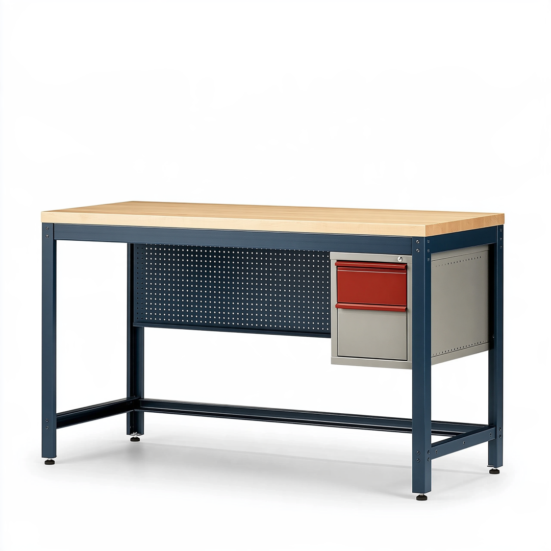 Établi 140 x 70 x 90 cm en acier bleu et plateau bois avec tiroir style industriel