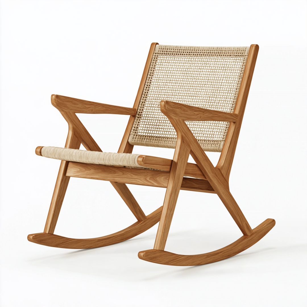 Fauteuil à bascule 70 x 95 x 100 cm en bois naturel et rotin tressé style contemporain