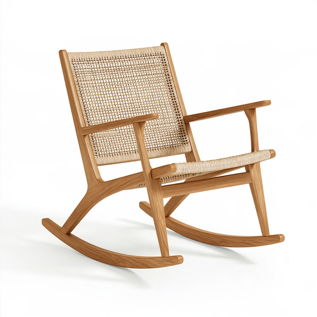 Fauteuil à bascule 68 x 90 x 100 cm en bois naturel et cannage style scandinave
