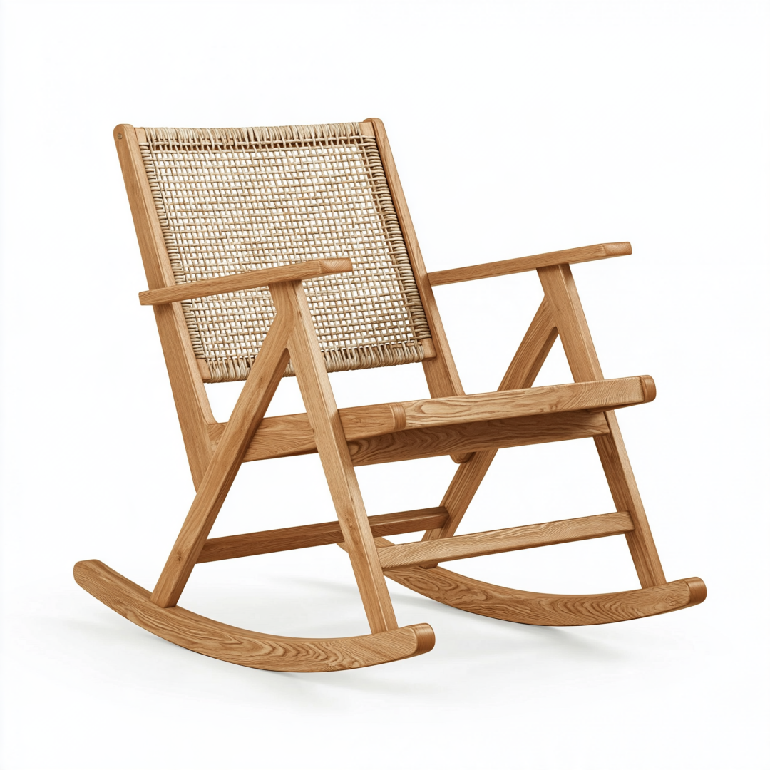 Fauteuil à bascule 100 cm en bois naturel et rotin - style scandinave