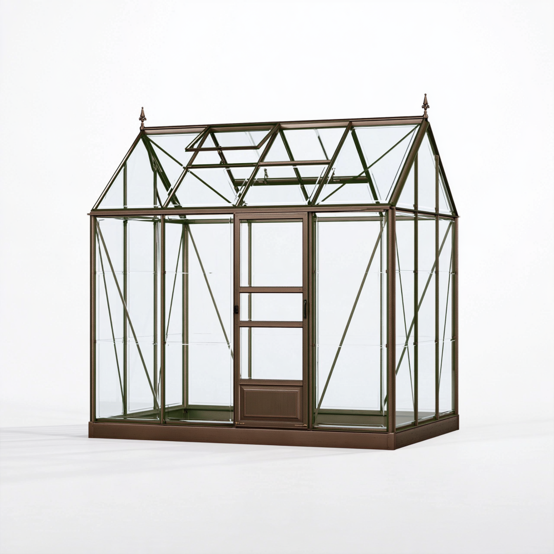 Serre de jardin 190 x 130 x 200 cm en verre et métal marron - style victorien avec porte et lucarnes