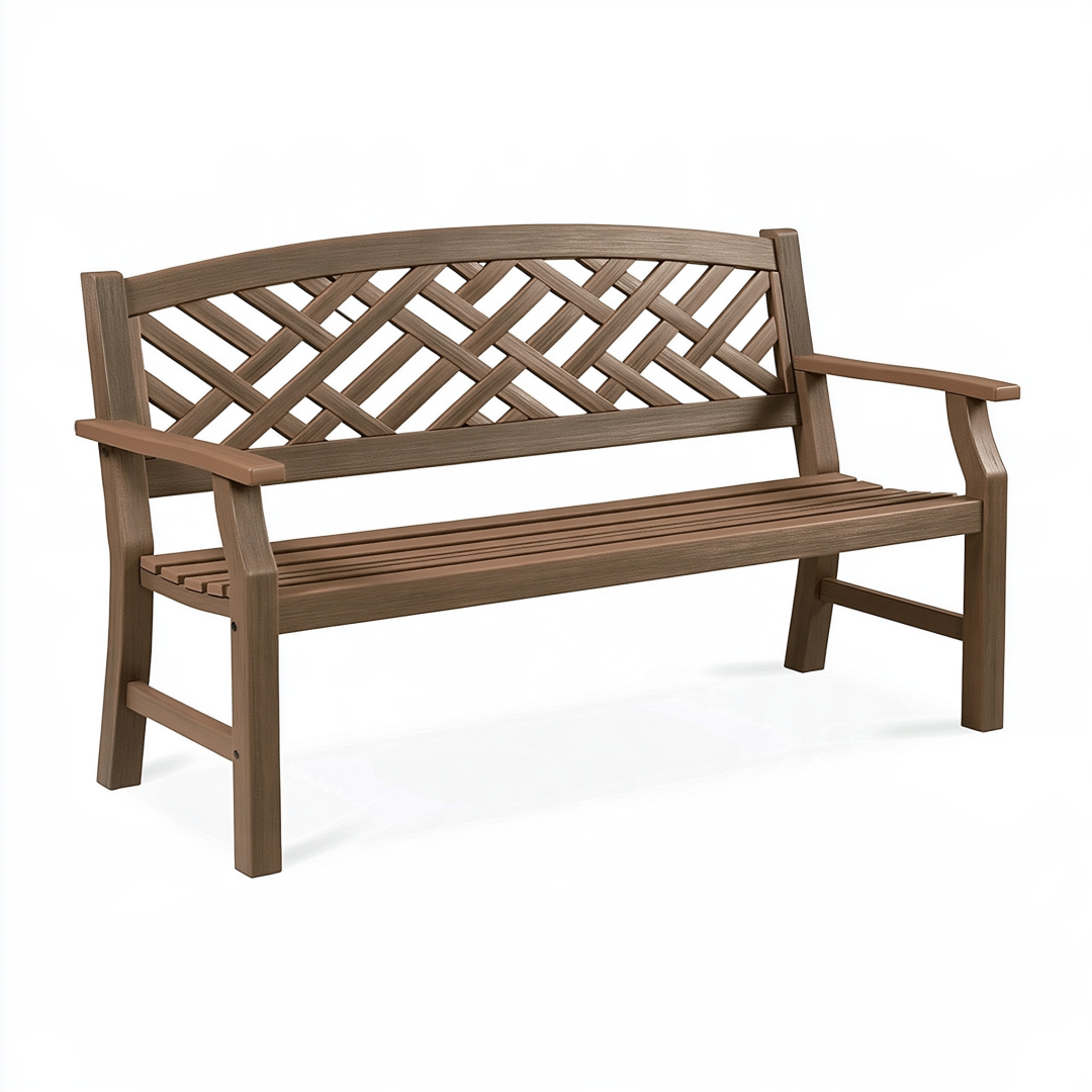 Banc de jardin 122 x 60 x 88 cm en plastique marron à dossier treillis