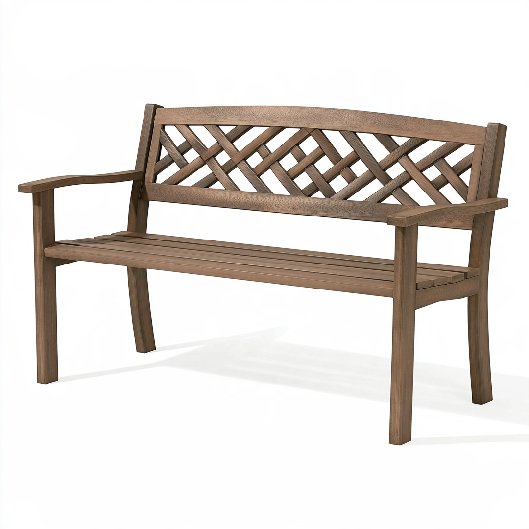 Banc de jardin 120 cm en bois marron avec dossier ajouré et accoudoirs