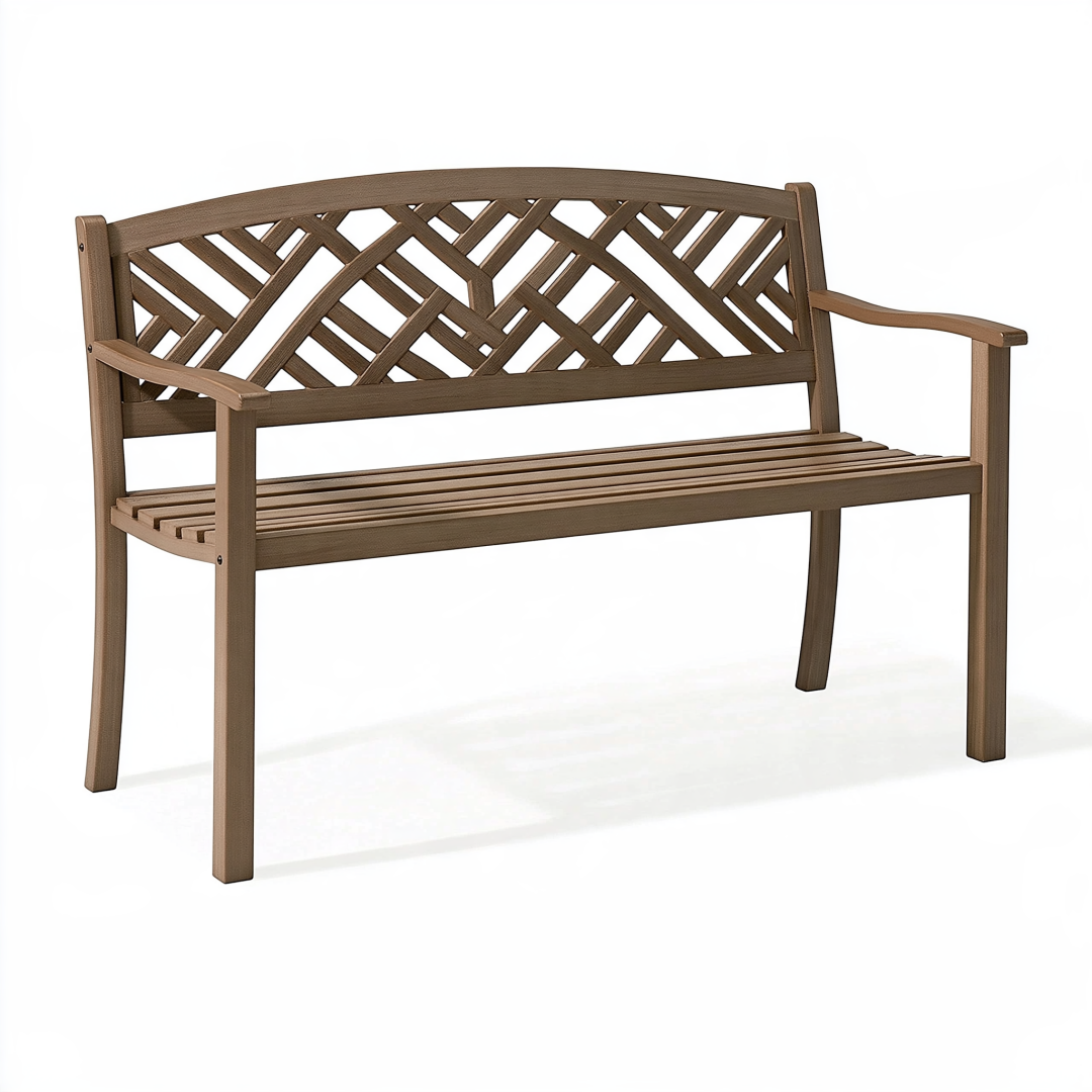 Banc de jardin 122 x 62 x 90 cm en plastique brun - assise 2 places à dossier ajouré