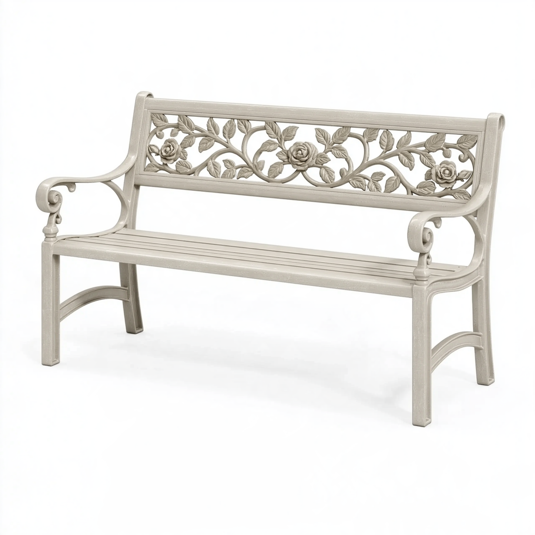 Banc de jardin 120 x 60 x 90 cm en métal beige style romantique à motif floral